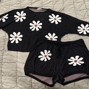 Black Daisy Knit Lounge Set with White Flowers